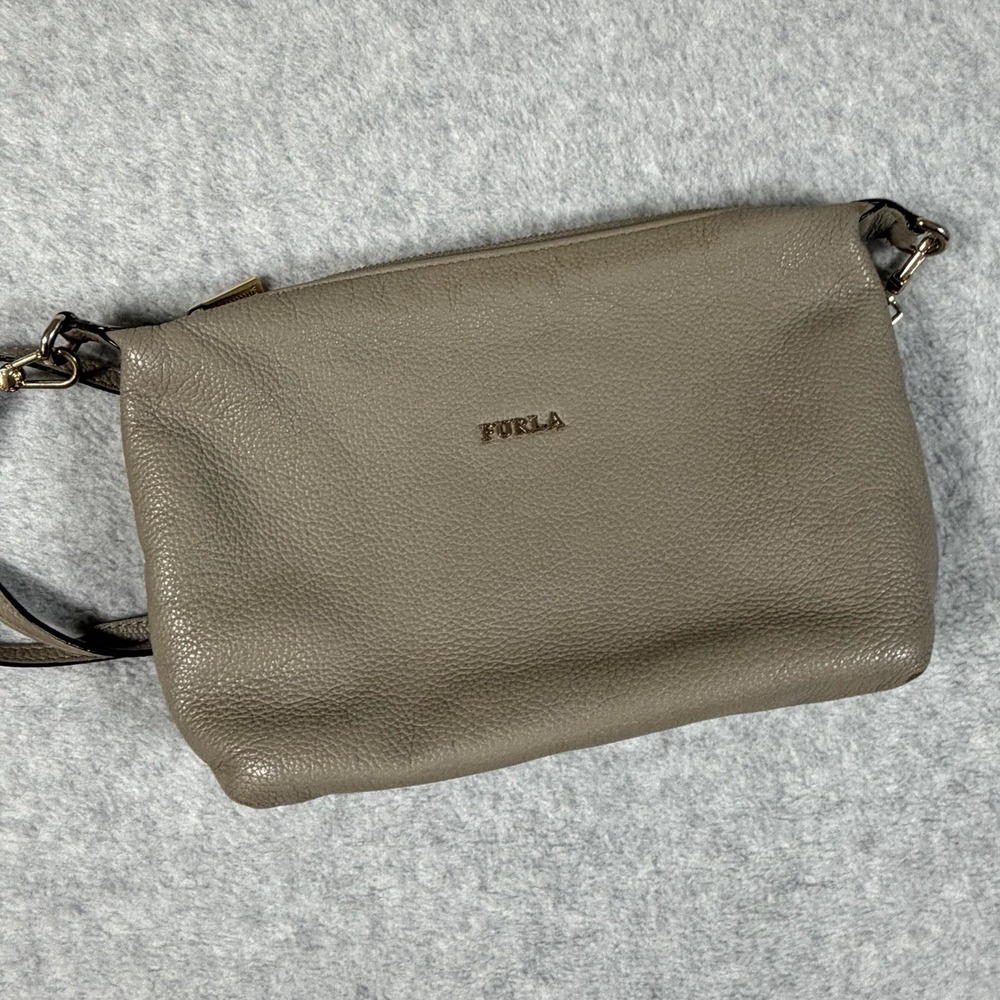 Furla Sophie Pebbled Leather Crossbody Bag Grey Gold Hardware Satchel Purse - Picture 2 of 12